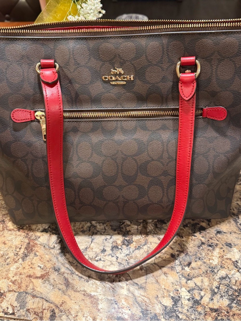 Coach Brown Signature Tote with Red Leather Handles